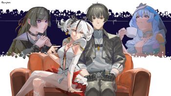  1boy 3girls absurdres arm_cutout black_hair black_jacket black_shirt blue_hair blue_veil breasts camellya_(wuthering_waves) cardiogram chisa_(wuthering_waves) clothing_cutout cup dress hair_ribbon hashtag-only_commentary highres holding holding_cup jacket lennykaise long_hair long_sleeves looking_at_another looking_at_viewer male_rover_(wuthering_waves) medium_breasts mole mole_under_eye multiple_girls parted_lips red_ribbon ribbon rover_(wuthering_waves) shirt shorekeeper_(wuthering_waves) short_hair short_twintails sitting smile tacet_mark_(wuthering_waves) thighs twintails two-tone_veil veil white_dress white_hair white_veil wuthering_waves yellow_eyes 