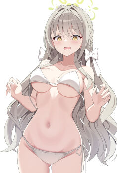  1girl absurdres bikini blue_archive bow breasts brown_hair commentary green_halo hair_bow halo highres long_hair medium_breasts miyo_(blue_archive) navel open_mouth side-tie_bikini_bottom simple_background sob_(submar1089) solo stomach swimsuit wardrobe_malfunction white_background white_bikini white_bow 