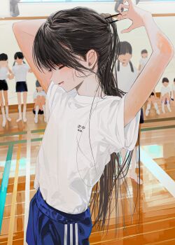  6+girls adjusting_hair arms_up black_hair blue_shorts closed_eyes faceless faceless_female flat_chest gym gym_uniform hands_in_hair highres holding holding_own_hair honjou_ruri honnryou_hanaru hot indoors multiple_girls nape original ponytail shirt shorts solo_focus sweat tying_hair white_shirt wooden_floor  rating:General score:29 user:danbooru