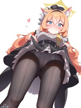  1girl :3 absurdres animal_ear_fluff animal_ears black_hairband black_hat black_pantyhose black_skirt blue_archive blue_eyes blush bow bow_panties cameltoe cat_ears cat_girl closed_mouth clothes_lift commentary_request crotch_seam dated from_below front-seamed_legwear grey_shirt hairband halo hat high-waist_skirt highres long_hair looking_at_viewer mari_(blue_archive) mari_(idol)_(blue_archive) official_alternate_costume orange_hair panties panties_under_pantyhose pantyhose revision sanwenyu_juan_bing seamed_legwear shirt sidelocks skirt skirt_lift sleeveless sleeveless_shirt smile solo underwear very_long_hair white_panties yellow_halo 
