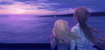  2girls black_coat black_hair ceras_yanagida_lilienfeld ceras_yanagida_lilienfeld_(winter_casual) chinese_commentary coat commentary_request edel_note facing_away from_behind grey_hair highres jellyfish_cut katsuragi_izumi katsuragi_izumi_(winter_casual) link!_like!_love_live! long_hair long_sleeves love_live! multiple_girls outdoors purple_sky scene_reference sky umi_ga_kikoeru virtual_youtuber white_coat yrxy_settingsun 