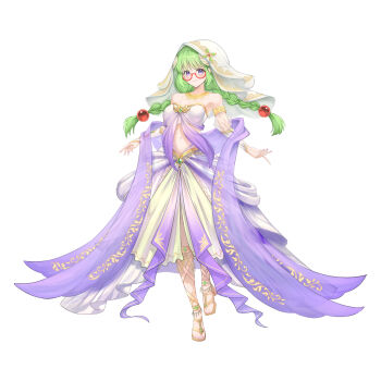  1girl alternate_costume braid commentary commission dancer detached_sleeves english_commentary full_body gladiator_sandals glasses green_hair highres long_hair looking_at_viewer navel philia_felice purple_eyes purple_shawl rizihike sandals semi-rimless_eyewear shawl smile solo tales_of_(series) tales_of_destiny twin_braids under-rim_eyewear veil white_background 