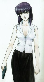  absurdres ghost_in_the_shell ghost_in_the_shell:_stand_alone_complex highres holding holding_weapon kusanagi_motoko non-web_source red_eyes shirt weapon white_shirt 