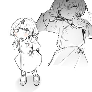  :d backpack bag blush child crime_prevention_buzzer delilah_(guilty_gear) dobu_(user_djaf2742) guilty_gear guilty_gear_strive hair_ornament highres japanese_text looking_at_viewer looking_up open_mouth randoseru sketch skirt smile  rating:General score:6 user:BostonsTrain