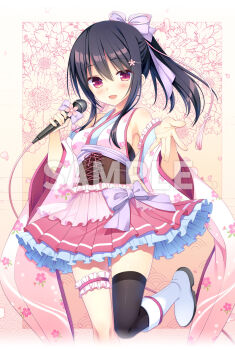  1girl :d \||/ album_cover asymmetrical_legwear bare_shoulders black_hair black_thighhighs blush boots bow bow_skirt breasts cherry_blossom_print commentary_request cover detached_sleeves eyes_visible_through_hair falling_petals fingernails floral_background floral_print floral_print_kimono foot_out_of_frame foot_up frilled_skirt frilled_sleeves frilled_thigh_strap frills gradient_background hair_between_eyes hair_bow hair_ornament hair_ribbon hairclip hands_up highres holding holding_microphone japanese_clothes kari_gurashi_ren&#039;ai kimono long_hair long_sleeves looking_at_viewer medium_breasts microphone mismatched_legwear official_art open_mouth petals pink_ribbon pink_skirt pleated_skirt ponytail print_kimono print_sleeves purple_bow red_eyes ribbon sakuragibashi_rito sample_watermark sideboob sidelocks simple_background single_thighhigh skirt sleeveless sleeveless_kimono smile solo sparkle thigh_strap thighhighs watermark white_background white_boots white_kimono wide_sleeves yellow_background yuuki_rika 