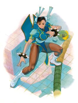  1990s_(style) 1girl black_eyes black_hair boots bracelet breasts brown_eyes brown_hair bun_cover capcom china_dress chinese_clothes chun-li double_bun dress earrings fighting_stance from_above game_cg hair_bun highres jewelry lace-up_boots large_breasts legs_apart non-web_source official_art pantyhose pelvic_curtain puffy_sleeves retro_artstyle sash short_hair short_sleeves solo spiked_bracelet spikes standing street_fighter street_fighter_ii_(series) thick_thighs thighs white_boots yasuda_akira 