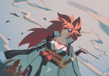  baiken big_hair black_jacket black_kimono breasts eyepatch facial_tattoo guilty_gear guilty_gear_strive highres holding holding_smoking_pipe jacket jacket_on_shoulders japanese_clothes kataginu katana kimono large_breasts llamartist multicolored_kimono one-eyed open_clothes open_kimono pink_hair ponytail red_eyes samurai scar scar_across_eye scar_on_face smoking_pipe sword tassel tattoo torn_sleeve weapon white_kimono  rating:Sensitive score:12 user:danbooru