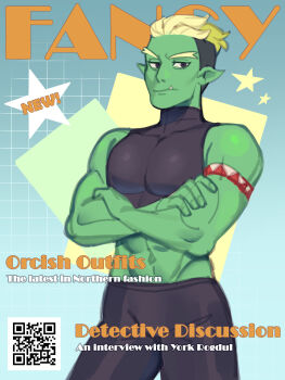  1boy abs absurdres armband blonde_hair closed_mouth colored_skin cover crop_top crossed_arms drawfee drawtectives green_skin gyorik_rogdul highres jitome magazine_cover male_focus muscular muscular_male navel orc pants pectorals pointy_ears procreate_(medium) qr_code shirt short_hair shy-shortcake sleeveless sleeveless_shirt solo star_(symbol) turtleneck turtleneck_shirt tusks undercut very_short_hair 