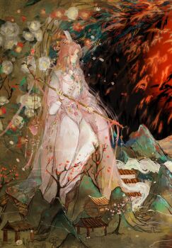  1boy architecture bridal_gauntlets brown_background camellia cherry_blossoms chinese_clothes chinese_commentary closed_mouth coat commission daxiushan east_asian_architecture feet_out_of_frame flower flower_ornament hair_flower hair_ornament hanfu highres holding holding_lantern holding_wand house huai_xu_sapling lantern leaf light_smile long_hair long_sleeves male_focus mountain open_clothes open_coat parted_bangs pink_coat pink_flower pink_hair pink_hanfu pink_ribbon plum_blossoms purple_eyes red_flower ribbon robe sitting smoke snow_starch_(the_tale_of_food) solo the_tale_of_food tree very_long_hair wand white_bridal_gauntlets white_flower white_hanfu white_robe wide_ponytail wide_sleeves xiao_guan_(headdress) 