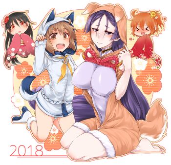  2018 4girls anchor_necklace animal_hood breasts brown_eyes brown_hair character_request chibi chinese_zodiac crossover dog_hood dress fate/grand_order fate_(series) fujimaru_ritsuka_(female) hood hooded_jacket jacket japanese_clothes jewelry kantai_collection kimono kneeling large_breasts long_hair minamoto_no_raikou_(fate) multiple_girls necklace open_clothes open_mouth paw_pose purple_eyes purple_hair round_teeth seiza short_hair sitting smile suna_kiririto teeth upper_teeth_only very_long_hair white_dress white_jacket year_of_the_dog yukikaze_(kancolle) 