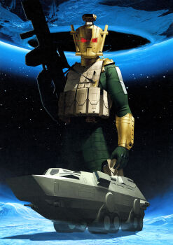  1boy absurdres antarctica assault_rifle bodysuit demonica earth_(planet) green_bodysuit gun helmet highres holding holding_gun holding_weapon kazuma_kaneko load_bearing_vest looking_at_viewer male_focus military_vehicle official_art planet rifle scan science_fiction shin_megami_tensei shin_megami_tensei:_strange_journey shiraishi_megumi_(colorist) standing tadano_hitonari third-party_edit third-party_source weapon  rating:General score:3 user:danbooru