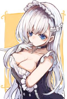  1girl arm_under_breasts azur_lane belfast_(azur_lane) black_dress blue_eyes braid breasts chain choker cleavage collar collarbone commentary_request dress elbow_gloves finger_to_mouth from_above gloves hair_behind_ear half_up_braid highres large_breasts long_hair looking_at_viewer low_neckline maid maid_headdress nyucha solo square_neckline white_gloves white_hair 