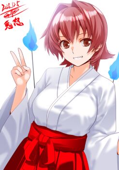  1girl breasts brown_eyes commentary_request engo_(aquawatery) grin hakama hakama_skirt japanese_clothes kantai_collection kinu_(kancolle) large_breasts looking_at_viewer medium_hair miko pink_hair red_hakama skirt smile solo teeth translation_request v 