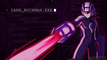  1boy arm_blade black_background bodysuit character_name cowboy_shot dark_megaman.exe energy_sword english_text helmet highres lautricius male_focus mega_man_(series) mega_man_battle_network_(series) parted_lips purple_bodysuit purple_eyes purple_helmet smirk solo sword weapon 