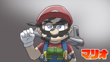  1boy big_nose binoculars blue_overalls blush bob-omb bomb commando_(movie) cosplay crossover explosive facepaint facial_hair gloves gradient_background grey_background gun gun_on_back hat john_matrix john_matrix_(cosplay) looking_at_viewer mario mario_(series) mustache nintendo overalls parody red_hat red_shirt shadow_(modeler3622) shirt short_sleeves standing super_scope upper_body war_paint weapon weapon_on_back white_gloves 