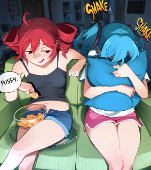  absurdres aqua_hair belly black_camisole blue_shorts blurry blurry_background bowl breasts camisole chips_(food) commentary couch cutoffs drill_hair english_commentary english_text food hair_between_eyes hatsune_miku highres holding holding_food hugging_object hypocrite indoors kasane_teto khyle. looking_to_the_side lower_teeth_only motion_lines multiple_girls navel on_couch open_fly open_mouth pee peeing peeing_self pillow pillow_hug pink_shorts plump potato_chips red_hair scared shirt short_sleeves shorts sitting small_breasts sound_effects speech_bubble teeth thighs trembling twin_drills twintails utau vocaloid white_shirt 
