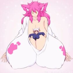  1boy 1girl animal_ears animated between_breasts bouncing_breasts breast_smother breasts cat_ears cat_girl closed_mouth covered_erect_nipples face_to_breasts gigantic_breasts hataraki_ari jiggle large_breasts long_hair looking_at_another looking_down male_with_breasts mars_symbol mars_symbol_earrings milkcat nyuh_(hataraki_ari) orange_eyes original person_between_breasts pink_hair size_difference slit_pupils smile video 