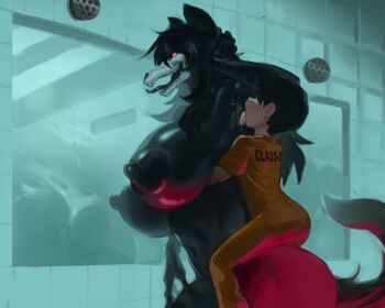  1boy 1girl animal_ears armpits black_fur black_hair breasts character_request copyright_request dry_humping faceless faceless_male fangs furry greasymeta huge_breasts humping licking licking_armpit nipples open_mouth red_eyes room saliva scp_foundation shota size_difference skull tail tall_female 