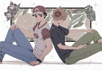  2boys back-to-back baseball_cap black_hair blue_oak blue_pants brown_eyes brown_hair capri_pants closed_mouth collared_shirt commentary_request crew_neck denim flower from_side frown green_pants grid_background hair_flower hair_ornament hand_on_own_knee hat hibiscus highres jeans leaf looking_back looking_to_the_side male_focus multiple_boys nintendo pants parted_bangs pk_rgr96 plant pokemon pokemon_sm print_shirt red_(pokemon) red_flower red_hat shirt short_hair short_sleeves sideburns sideways_glance sitting smile sparkle t-shirt twitter_username wing_collar wristband 