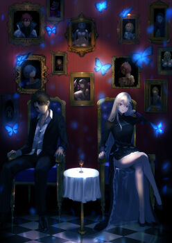  4boys 6+girls absurdres bare_shoulders beatrice_(re:zero) black_bridal_gauntlets black_capelet black_cloak black_dress black_hair black_ribbon black_veil blonde_hair blue_eyes blue_hair bow bow_hairband braid braided_ponytail breasts bridal_gauntlets bug butterfly butterfly_hair_ornament capelet center_opening chair clasp cleavage cloak closed_eyes closed_mouth cocktail_dress collared_cloak colored_eyelashes commentary_request cross_scar crossed_legs cup detached_sleeves dress drill_hair drinking_glass echidna_(re:zero) elf elsa_granhilte emilia_(re:zero) flower frederica_baumann frilled_bridal_gauntlets frills fur-trimmed_capelet fur_trim garfiel_tinsel glowing_butterfly green_butterfly green_eyes grey_hair hair_between_eyes hair_bow hair_flower hair_ornament hair_over_one_eye hair_ribbon hair_slicked_back hairband high_collar highres indoors insect jacket jewelry knife kukri large_breasts long_hair long_sleeves looking_at_viewer maid maid_headdress medium_breasts meili_portroute mole mole_under_eye multiple_boys multiple_girls natsuki_subaru nikuman_(samara) on_chair open_mouth orange_hair pants petra_leyte picture_frame pink_hair pink_ribbon pointy_ears portrait_(object) purple_eyes purple_flower purple_ribbon purple_rose purple_trim ram_(re:zero) re:zero_kara_hajimeru_isekai_seikatsu re:zero_kara_kasaneru_isekai_seikatsu red_dress red_hair red_hairband red_lining red_ribbon reinhard_van_astrea rem_(re:zero) ribbon ribbon-trimmed_clothes ribbon_trim rose roswaal_l._mathers roswaal_mansion_maid_uniform satella_(re:zero) scar scar_on_face short_hair siblings sisters sitting smile striped_clothes striped_dress table thick_eyebrows tile_floor tiles twin_drills twins two-sided_cloak two-sided_fabric veil vertical-striped_clothes vertical-striped_dress very_long_hair white_eyelashes white_hair x_hair_ornament 