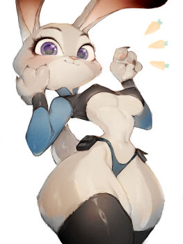  1girl animal_ears bad_anatomy breasts cameltoe covered_erect_nipples fumio_(rsqkr) furry furry_female gloves grey_fur highres judy_hopps looking_at_viewer narrow_waist police police_badge police_uniform policewoman purple_eyes rabbit_ears rabbit_girl rabbit_tail simple_background smile solo tail thick_thighs thighs white_background wide_hips zootopia 