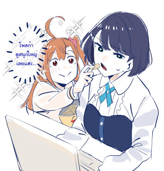  2girls ahoge azabu_mai blue_dress blue_eyes blue_hair blush center_frills chips_(food) commentary_request computer dress dress_shirt food frills high-waist_skirt highres ikizulive!_love_live!_bluebird laptop long_sleeves love_live! multiple_girls okpriko one_side_up open_mouth orange_hair potato_chips red_eyes shirt skirt takahashi_polka translation_request white_background white_shirt 