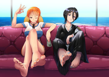  2girls barefoot black_hair bleach breasts collarbone couch crossed_legs crossover hat japanese_clothes kuchiki_rukia large_breasts looking_at_viewer medium_hair money multiple_girls nami_(one_piece) one_eye_closed one_piece orange_hair shihakusho shirt sitting small_breasts straw_hat teng_zhai_zi 