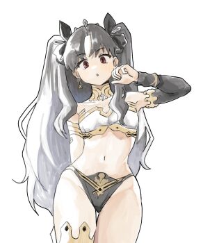 1girl armlet bare_shoulders black_hair black_panties bra ddong_pong earrings fate/grand_order fate_(series) hair_ribbon highres hoop_earrings ishtar_(fate) jewelry long_hair looking_at_viewer navel open_mouth panties parted_bangs red_eyes ribbon single_thighhigh solo thighhighs tiara two_side_up underwear white_bra 