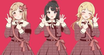  3girls absurdres armband black_eyes black_hair blonde_hair blush bow brown_dress brown_eyes brown_hair closed_eyes commentary_request double_finger_gun dress finger_gun gakuen_idolmaster hachimiya_meguru hair_bow hair_ornament hairclip hands_up happy_mille-feuille_(idolmaster) heart heart_hair_ornament highres idolmaster idolmaster_shiny_colors illumination_stars_(idolmaster) kazano_hiori lapisppigeons long_sleeves looking_at_viewer mole mole_under_mouth multiple_girls neck_ribbon pink_bow ponytail red_background ribbon sakuragi_mano sash shoulder_sash simple_background smile spread_fingers 