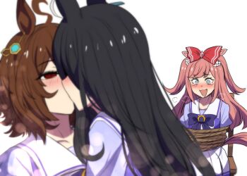  3girls agnes_digital_(umamusume) agnes_tachyon_(umamusume) ahoge animal_ears black_hair blue_eyes blush bound bow bowtie breasts brown_hair chair chemical_structure drooling ear_tag earrings forced_to_watch hair_between_eyes hair_bow highres himejoshi hinghoi horse_ears horse_girl horse_tail jewelry kiss long_hair manhattan_cafe_(umamusume) medium_hair multicolored_hair multiple_girls on_chair open_mouth pink_hair pleated_skirt puffy_short_sleeves puffy_sleeves purple_bow purple_bowtie purple_shirt red_eyes restrained rope sailor_collar sailor_shirt saliva school_uniform shirt short_sleeves simple_background single_earring sitting skirt smile tail tearing_up tied_to_chair tied_up_(nonsexual) tracen_school_uniform umamusume white_background white_hair white_sailor_collar white_skirt yuri 