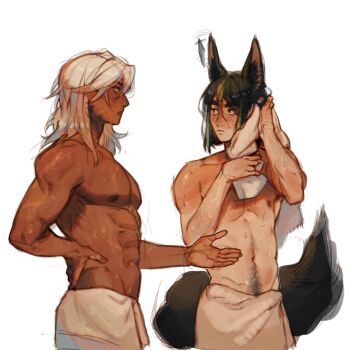  2boys abs alternate_body_hair animal_ears arm_hair black_hair blush cawchan chest_hair closed_mouth commentary cross_scar cyno_(genshin_impact) dark-skinned_male dark_skin drying drying_hair drying_own_hair english_commentary fox_boy genshin_impact green_streaks hand_on_own_back highres holding holding_towel jackal_ears long_hair looking_at_another male_focus male_pubic_hair multicolored_hair multiple_boys multiple_scars naked_towel navel_hair nipples pectorals pubic_hair pubic_hair_peek scar scar_on_arm short_hair simple_background streaked_hair tail tighnari_(genshin_impact) toned toned_male towel towel_around_waist wet white_background white_hair  rating:Sensitive score:2 user:danbooru