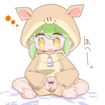  1girl animal_ears animal_hood bar_censor barefoot blush cello_(20000) censored character_request cum cum_in_pussy fake_animal_ears feet female_focus green_hair hood hood_up loli long_sleeves no_pupils open_clothes open_mouth pussy sitting solo spread_legs spread_pussy spreading_own_pussy toes webp-to-png_conversion white_background yellow_eyes zipper_pull_tab 
