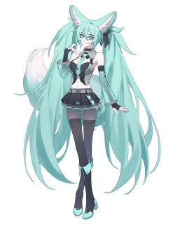  1girl absurdres animal_ears aqua_eyes aqua_hair aqua_nails aqua_necktie bare_shoulders black_boots black_skirt black_thighhighs boots breasts closed_mouth commentary english_commentary fingernails fox_ears fox_girl fox_tail full_body grey_pantyhose hair_between_eyes hand_up hatsune_miku highres kemonomimi_mode long_hair looking_at_viewer medium_breasts meng_xi_xuan nail_polish navel necktie no_panties pantyhose pussy see-through_clothes see-through_skirt simple_background skirt smile solo standing tail thighhighs thighhighs_over_pantyhose twintails vocaloid white_background 