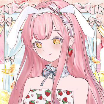 1girl animal_ear_hairband animal_ears bare_shoulders belt blue_sky bow choker closed_mouth cloud day dot_nose dress ear_bow earrings fake_animal_ears fanfanjiadeayuanjiang floppy_ears food food-themed_earrings food-themed_hair_ornament food_print food_themed_earrings frilled_choker frills fruit fruit_print grey_bow grey_choker grey_ribbon hair_ornament hairband happy highres indoors jewelry lace-trimmed_hairband lace_trim light_blush long_hair looking_ahead looking_at_viewer neck_ribbon nikki_(nikki) nikki_(series) nikki_up2u orange_(fruit) orange_slice pink_belt pink_hair polka_dot polka_dot_dress print_dress rabbit-shaped_pupils rabbit_ear_hairband rabbit_ears ribbon single_sidelock sky smile solo sparkle strapless strapless_dress strawberry_earrings strawberry_hair_ornament strawberry_print symbol-shaped_pupils upper_body very_long_hair wavy_hair white_dress white_hairband window yellow_eyes yellow_pupils 