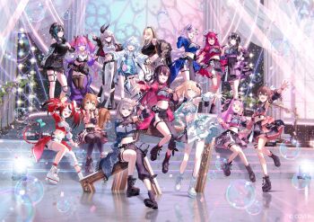  6+girls :d ;d animal_ears asymmetrical_clothes asymmetrical_sleeves ayunda_risu azki_(hololive) black_pants black_shirt black_skirt black_thighhighs boots collared_shirt color-coded commentary_request concert cropped_shirt detached_sleeves full_body hakos_baelz highres himemori_luna hololive hololive_dev_is hololive_english hololive_idol_uniform_(color_rise) hololive_indonesia idol idol_clothes irys_(hololive) isaki_riona isaki_riona_(1st_costume) kazama_iroha kikirara_vivi kikirara_vivi_(1st_costume) koganei_niko koganei_niko_(1st_costume) lace-up_boots long_hair looking_at_viewer medium_hair midriff miniskirt mismatched_sleeves mouse_ears mouse_girl mouse_tail multicolored_shirt multiple_girls natsuiro_matsuri navel official_alternate_costume official_art one_eye_closed open_mouth pants pavolia_reine platform_boots puffy_detached_sleeves puffy_short_sleeves puffy_sleeves rindo_chihaya rindo_chihaya_(1st_costume) shiori_novella shirogane_noel shirt short_sleeves single_detached_sleeve single_pantsleg single_sleeve single_thighhigh skirt smile squirrel_ears squirrel_girl squirrel_tail standing tail thighhighs ugonba_(howatoro) very_long_hair virtual_youtuber white_shirt white_skirt 