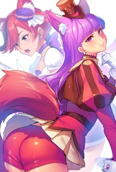 10s 2girls animal_ear_fluff animal_ears ass bike_shorts brown_hat cosplay costume_switch cure_chocolat cure_macaron earrings food-themed_hair_ornament gloves hair_ornament hand_up hat jewelry kirakira_precure_a_la_mode looking_at_viewer macaron_hair_ornament minamoto_(mutton) multiple_girls precure puffy_sleeves purple_eyes purple_hair red_hair red_shorts short_sleeves shorts tale tilted_headwear white_gloves rating:Sensitive score:31 user:danbooru