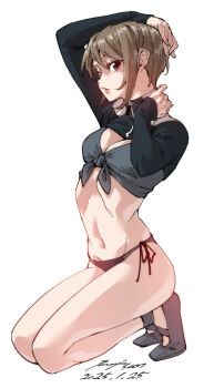  1girl ballet_slippers black_panties breasts brown_eyes brown_hair cleavage full_body highres kneeling looking_at_viewer nabipenciller navel original panties shirt short_hair shrug_(clothing) side-tie_panties small_breasts solo tied_shirt underwear 