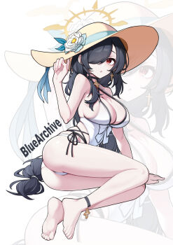  1girl absurdres ankle_strap arm_support ass bare_shoulders barefoot bikini black_bikini black_choker black_hair blue_archive bow breasts casual_one-piece_swimsuit choker cleavage clothing_cutout collar commentary copyright_name criss-cross_halter cross cross_earrings earrings feet flower full_body hair_over_one_eye halo halterneck hand_on_headwear hat hat_flower highres hinata_(blue_archive) hinata_(swimsuit)_(blue_archive) irain jewelry large_breasts layered_swimsuit long_hair looking_at_viewer low-tied_long_hair official_alternate_costume one-piece_swimsuit one_eye_closed parted_lips red_eyes side-tie_bikini_bottom side_cutout sitting soles solo sun_hat swimsuit symbol-only_commentary toes very_long_hair white_background white_bow white_flower white_one-piece_swimsuit yellow_halo yellow_hat zoom_layer 