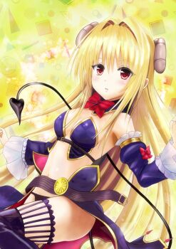  1girl asukamama89 bare_shoulders black_thighhighs blonde_hair blush bow bowtie breasts commentary cosplay cowboy_shot crisis_management_form_(machikado_mazoku) curled_horns demon_girl demon_horns demon_tail detached_collar detached_sleeves dutch_angle eyes_visible_through_hair frilled_sleeves frills hair_between_eyes hair_intakes highres horns konjiki_no_yami long_hair long_sleeves looking_at_viewer machikado_mazoku medium_breasts open_mouth red_bow red_bowtie red_eyes sidelocks simple_background solo sparkle straight_hair tail tail_raised thighhighs to_love-ru to_love-ru_darkness very_long_hair wide_sleeves yellow_background yoshida_yuuko yoshida_yuuko_(cosplay) 