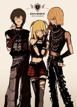  1girl 2boys amane_misa arm_belt bare_shoulders black_choker black_gloves black_pants black_shirt black_thighhighs blonde_hair brown_hair candy chocolate chocolate_bar choker cigarette commentary_request copyright_name cow crop_top crossed_arms death_note detached_sleeves feet_out_of_frame fingerless_gloves fishnet_sleeves fishnets food furrowed_brow gloves goggles grey_background grey_pants hair_between_eyes hair_over_one_eye half_updo highres holding holding_chocolate holding_cigarette holding_food light_blush long_hair matt_(death_note) mello_(death_note) midriff miniskirt multiple_boys no_eyebrows noko_(noko1280) one_eye_closed pants parted_lips plaid_clothes plaid_skirt print_shirt red_eyes red_skirt scar scar_across_eye scar_on_face shirt short_hair short_twintails skirt smile spiked_choker spikes striped_sleeves thighhighs torn_clothes torn_thighhighs twintails 