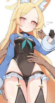  1girl 4boys absurdres alternate_costume animal_ear_fluff animal_ears black_gloves black_leotard blonde_hair blue_archive blue_sailor_collar blue_shrug blush breasts closed_mouth cosplay covered_navel cross_halo disembodied_hand dot_nose fingernails flying_sweatdrops forehead fox_ears fox_girl frilled_thigh_strap gloves green_neckerchief half_gloves halo hand_on_another&#039;s_stomach hand_up hands_on_another&#039;s_thighs highres holding_another&#039;s_arm holding_another&#039;s_hair leotard loli long_hair long_sleeves multiple_boys neckerchief sailor_collar seia_(blue_archive) seulpeunna shimiko_(blue_archive) shimiko_(blue_archive)_(cosplay) shimiko_(magical)_(blue_archive) shrug_(clothing) sideboob simple_background small_breasts solo_focus standing sweat thigh_gap thigh_strap thighs very_long_hair white_background yellow_halo 