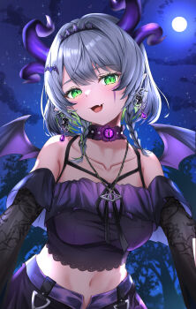  1girl absurdres apricot_the_lich apricot_the_lich_(froot_2.0) black_ribbon black_sleeves braid choker colored_inner_hair commentary demon_girl demon_horns demon_wings english_commentary frilled_choker frills full_moon green_eyes green_hair grey_hair hairband highres horns jewelry looking_at_viewer minoriminoru0 moon multicolored_hair multiple_horns necklace night open_mouth outdoors pointy_ears purple_horns purple_shirt ribbon shirt short_hair solo spiked_hairband spikes twin_braids virtual_youtuber vshojo wings 