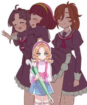  4girls ahoge akechi_anna beret blue_skirt blunt_bangs bob_cut brown_hair closed_eyes closed_mouth double_bun dress frilled_dress frills frown green_eyes hair_bun hair_intakes hairband hat holding holding_umbrella hug hug_from_behind jealous juliet_sleeves kobayashi_mikuru long_hair long_sleeves low_twintails makoto_mirai_academy_middle_school_uniform medium_dress medium_hair meitantei_precure! miniskirt mitumi_mira multiple_girls neckerchief open_mouth outline pink_shirt pleated_skirt ponytail precure puffy_sleeves purple_dress purple_hat purple_neckerchief red_hair sad sailor_collar school_uniform shirt short_hair short_twintails simple_background skirt thighhighs twintails two_side_up umbrella white_background white_outline white_sailor_collar white_thighhighs yellow_hairband 