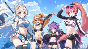  4girls animal_ears arm_up asymmetrical_clothes bare_shoulders belt belt_buckle bike_shorts black_pants black_shorts blue_eyes blue_hair blue_panties blue_sky breasts brown_hair buckle cleavage cloud commentary_request confetti day double_bun eimi_isami elbow_gloves eyewear_on_head flag gloves hair_bun high_ponytail highleg highleg_panties highres hikanari_hina holding holding_flag large_breasts long_hair long_sleeves medium_breasts multicolored_hair multiple_girls muu_muyu nabezuru navel official_art outdoors panties pants phase_connect ponytail puffy_long_sleeves puffy_sleeves purple_belt purple_eyes purple_hair race_queen red_hair runie_ruse short_shorts shorts shorts_under_skirt shrug_(clothing) single_pantsleg skindentation sky sleeves_past_fingers sleeves_past_wrists small_breasts sunglasses two-tone_hair underwear very_long_hair virtual_youtuber visor_cap white_belt white_gloves 