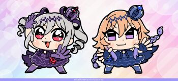  2girls :3 bkub blue_crown blue_dress blue_flower blue_gloves blue_ribbon blue_rose blue_shoes blue_thighhighs blush_stickers braid chibi chibi_only closed_mouth commentary_request crown dot_nose dress drill_hair fingerless_gloves flower full_body gloves grey_hair hair_between_eyes hair_ornament hair_ribbon idolmaster idolmaster_cinderella_girls idolmaster_cinderella_girls_starlight_stage kanzaki_ranko long_hair looking_at_viewer mini_crown multicolored_hair multiple_girls neck_ribbon ninomiya_asuka official_art open_mouth orange_hair purple_crown purple_dress purple_eyes purple_gloves purple_hair purple_ribbon purple_shoes purple_thighhighs red_eyes red_flower red_rose ribbon rose second-party_source shoes smile thighhighs twin_drills twintails two-tone_hair 