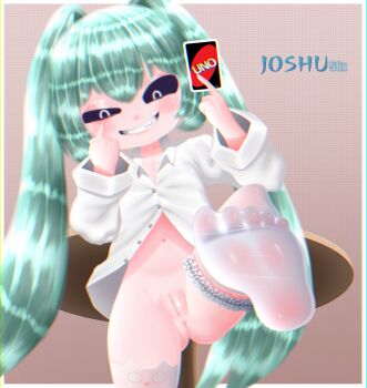  aqua_hair ass bad_tag card feet female_focus flat_chest foot_focus gluteal_fold hatsune_miku joshu56x loli long_twintails middle_finger mimukauwa_nice_try_(vocaloid) navel pussy smug solo table thigh_strap thighhighs twintails uno_(game) vocaloid 