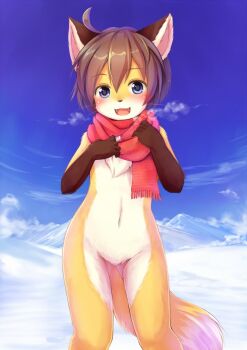  1girl animal_ears blue_eyes blush brown_hair chest_tuft female_focus fox_ears fox_tail furry furry_female kagerofu looking_at_viewer naked_scarf navel nude scarf short_hair smile solo tail whiskers 