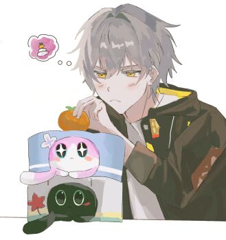  +_+ 1boy :< animal animalization black_coat black_fur blue_eyes blush blush_stickers caelus_(honkai:_star_rail) cake_cat_(honkai:_star_rail) cat cat_tail closed_mouth coat commentary_request dan_heng_(honkai:_star_rail) dan_heng_(rice_dumpling)_(honkai:_star_rail) flower food fruit green_eyes grey_hair hair_between_eyes hand_up highres holding holding_food holding_fruit honkai:_star_rail honkai_(series) hood hooded_coat lapels leaf long_sleeves looking_at_food male_focus mandarin_orange maple_leaf march_7th_(honkai:_star_rail) march_7th_(ice_cake)_(honkai:_star_rail) mooncake open_clothes open_coat pink_fur shirt short_hair simple_background speech_bubble t-shirt tail tennnn_p thought_bubble trailblazer_(honkai:_star_rail) two-sided_coat two-sided_fabric two-tone_fur upper_body v-shaped_eyebrows white_background white_flower white_fur white_shirt yellow_coat yellow_eyes 