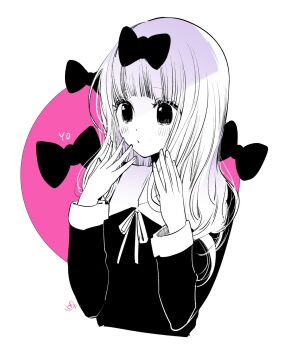  1girl bow fujiwara_chika hair_bow hands_up highres kaguya-sama_wa_kokurasetai_~tensai-tachi_no_renai_zunousen~ long_hair monochrome school_uniform solo spot_color tagme upper_body yokoyari_mengo  rating:General score:8 user:GAnonymous