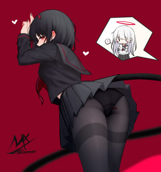  2girls ? angel_girl_(shimmer) arms_up black-haired_demon_girl_(shimmer) black_hair black_nails black_pantyhose black_sailor_collar black_serafuku black_shirt black_skirt demon_girl demon_horns demon_tail grey_sailor_collar grey_skirt hair_between_eyes halo heart heart-shaped_pupils highres horns long_sleeves multiple_girls nail_polish neckerchief original panties panties_under_pantyhose pantyhose pleated_skirt purple_background red_eyes red_neckerchief sailor_collar school_uniform serafuku shimmer shirt signature skirt spoken_question_mark symbol-shaped_pupils tail tail_lift thighband_pantyhose underwear white_hair yuri 